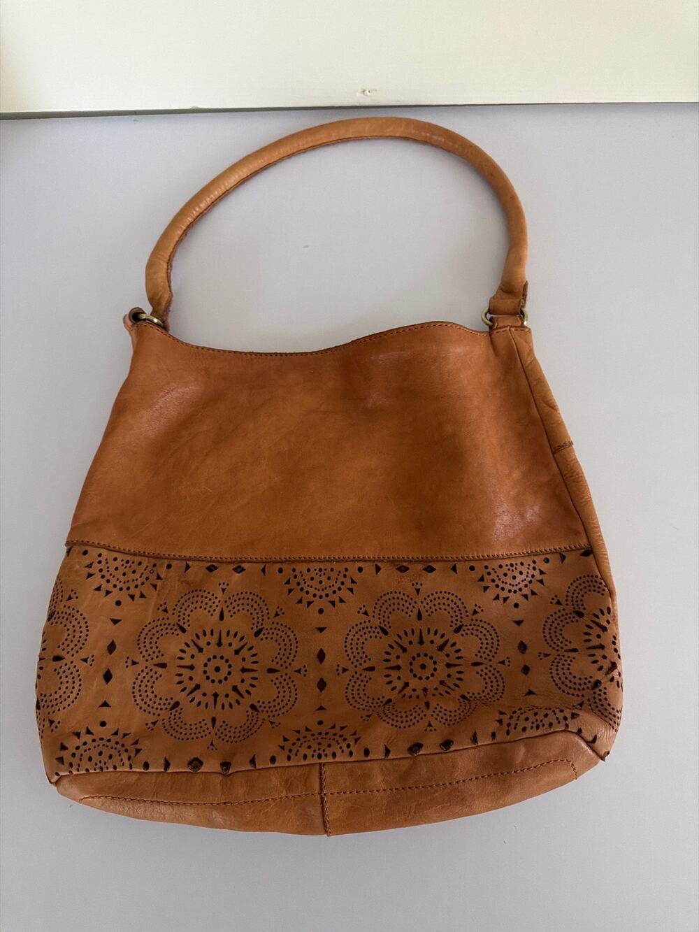 Marta Ponti Portugal Cognac Leather Cut Perforated Floral Boho Hobo Bag Purse